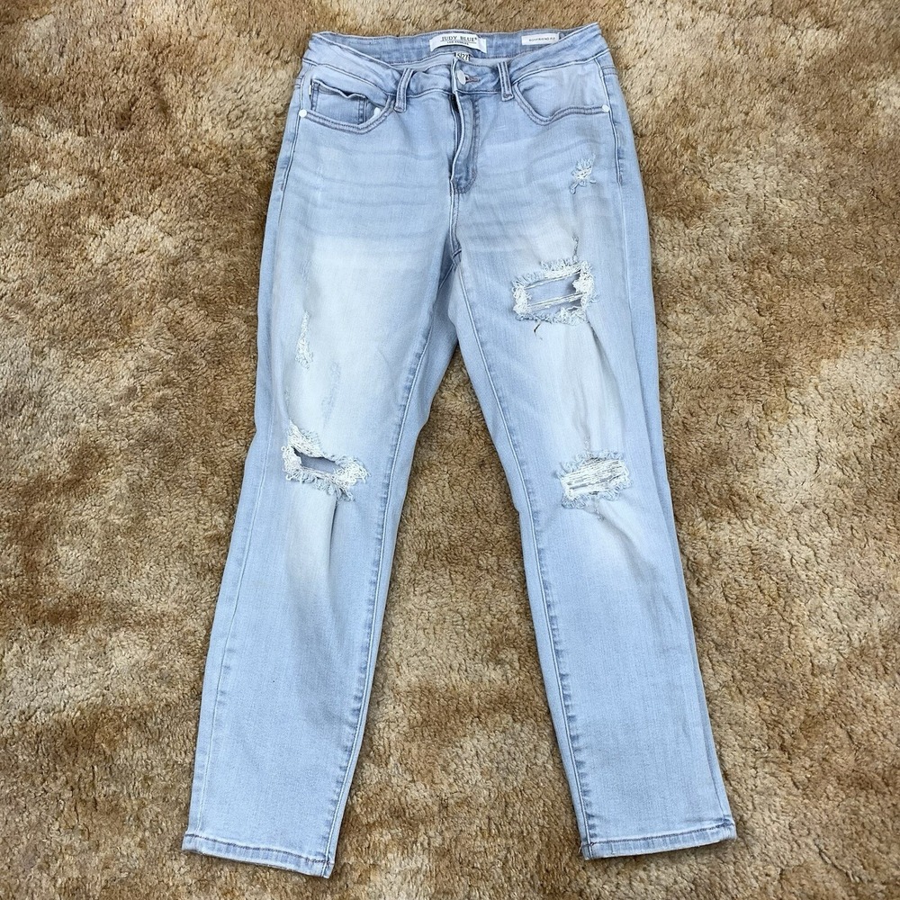 Judy Blue Jeans Women 5/27 Blue Denim Natalie High Rise Boyfriend Fit Distressed